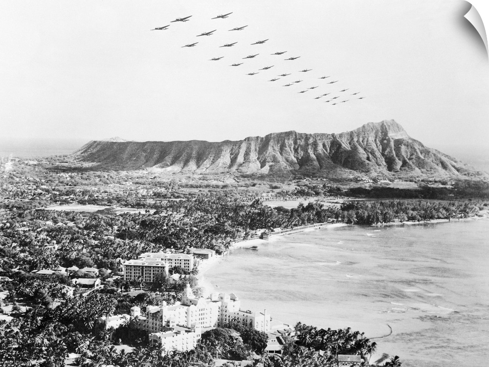 The White House announced that Japanese planes attacked Hawaii. Soon after as shown here, U. S. medium bombers fly over di...