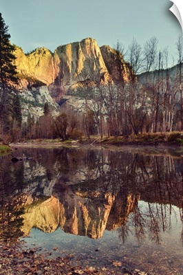 Upper Yosemite falls at sunrise. Yosemite lodge river bend, reflections.