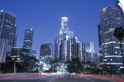 USA, California, Los Angeles, downtown at night (long exposure)