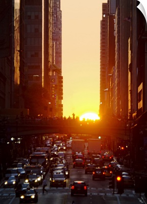 USA, New York, New York City, Sunset illuminating busy street