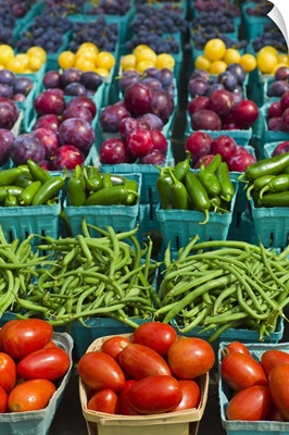 Vegetables and fruits in boxes at the Farmer's Market in New York City