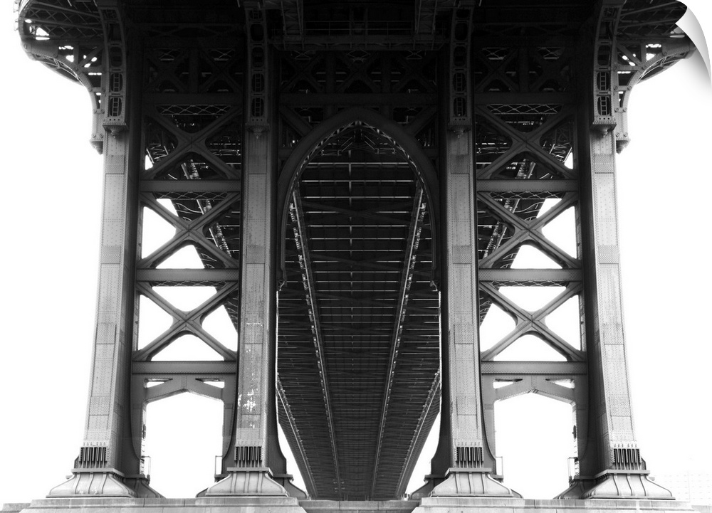 View from underneath Manhattan Bridge. Black and white image.