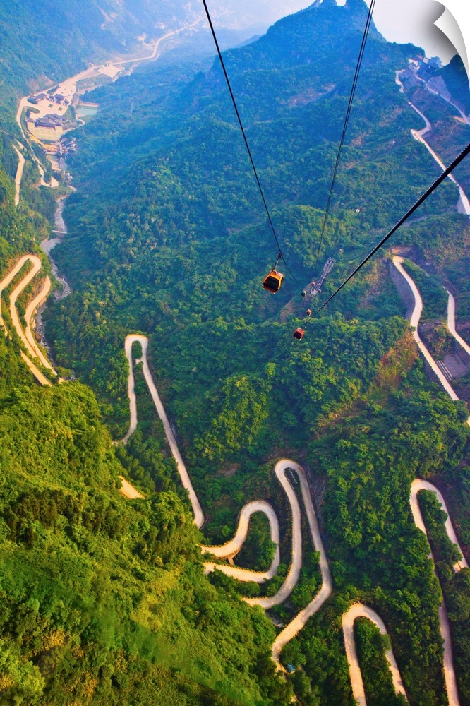 View of mountains and winding road in Mount Tianmen, National Forest Park in western Hunan province of China.