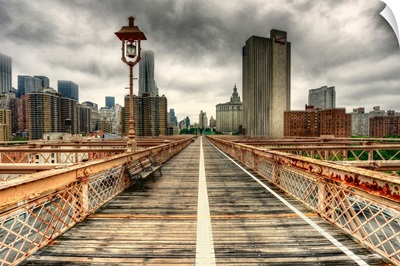View of New York skyline from Brooklyn Bridge.