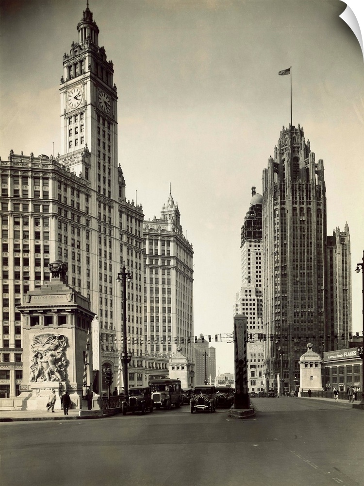 Looking down Michigan Avenue- Wrigley Building on left, Medinah Temple and Tribune Tower on right. In the foreground is th...