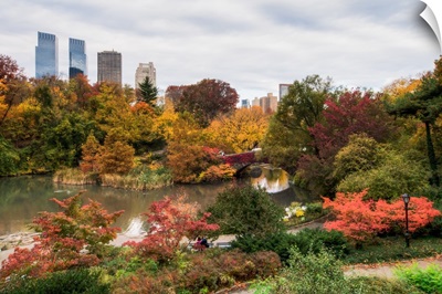 View of the Central Park Pond and the New York skyline. The foliage is at peak color.