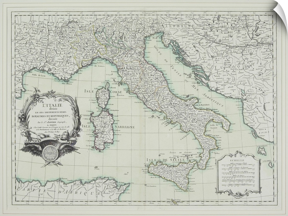 Old French map of the Italian peninsula, including the islands of Corsica, Sardinia, and Sicily.