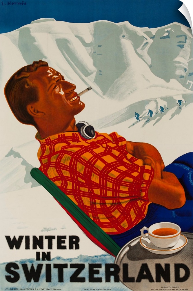 1938, Ski travel poster showing apres ski poster mountainside smoking and drinking a cup of tea.