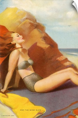 Woman In Bikini Sitting On Windy Beach