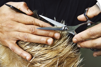 Woman's hands cutting hair
