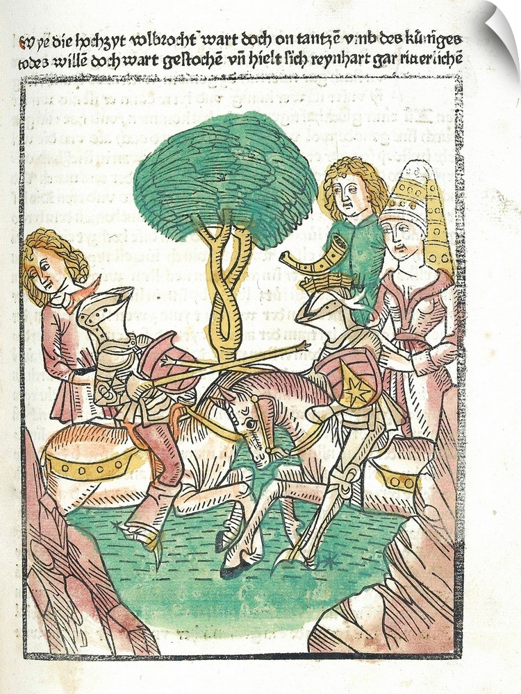 Illustration of Melusine watching as her champion meets a knight in joust, from a German version of the medieval French ro...