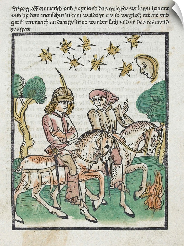 Illustration of two men travelling by horseback at night, from a German version of the medieval French romance Le Roman de...
