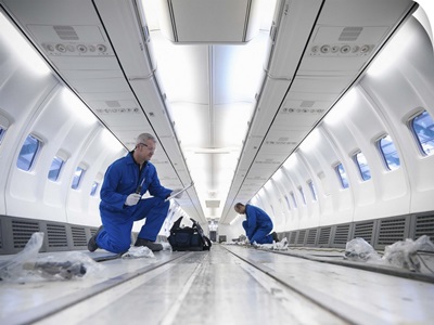 Worker examining empty airplane