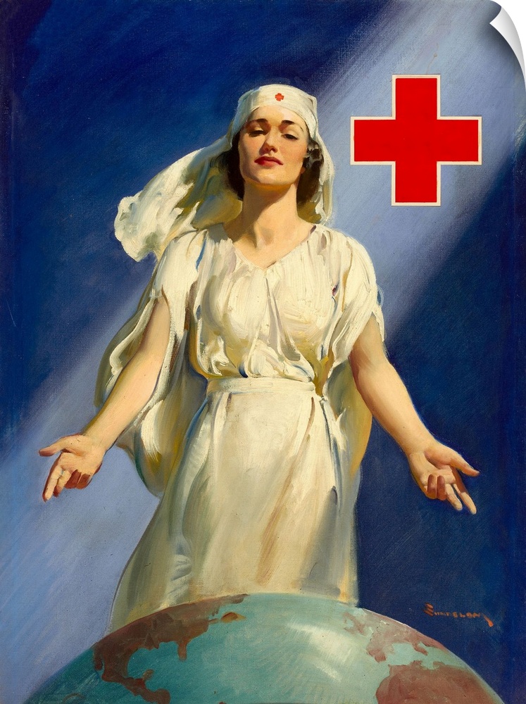 Original oil painting for a WWII Red Cross poster with Red Cross nurse standing with open arms over the globe of the world...