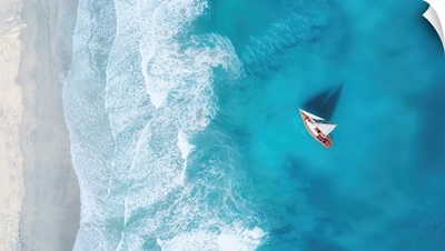 Yacht On The Water Surface, Summer Seascape From Air