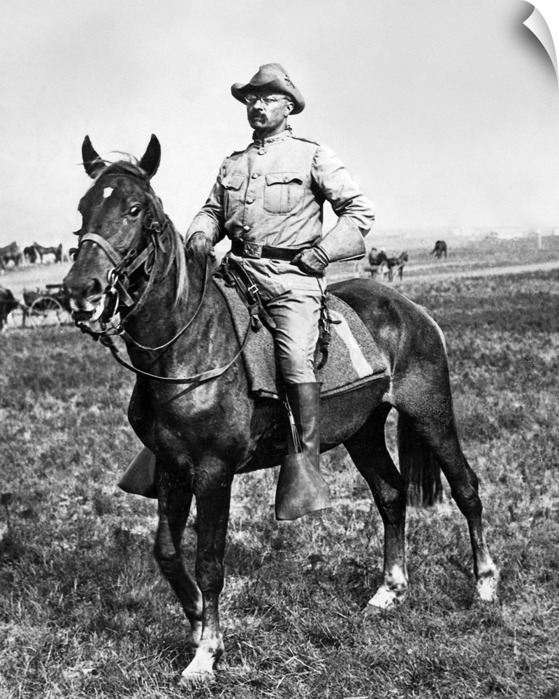Young Teddy Roosevelt on horseback during the Spanish-American War. Photo.