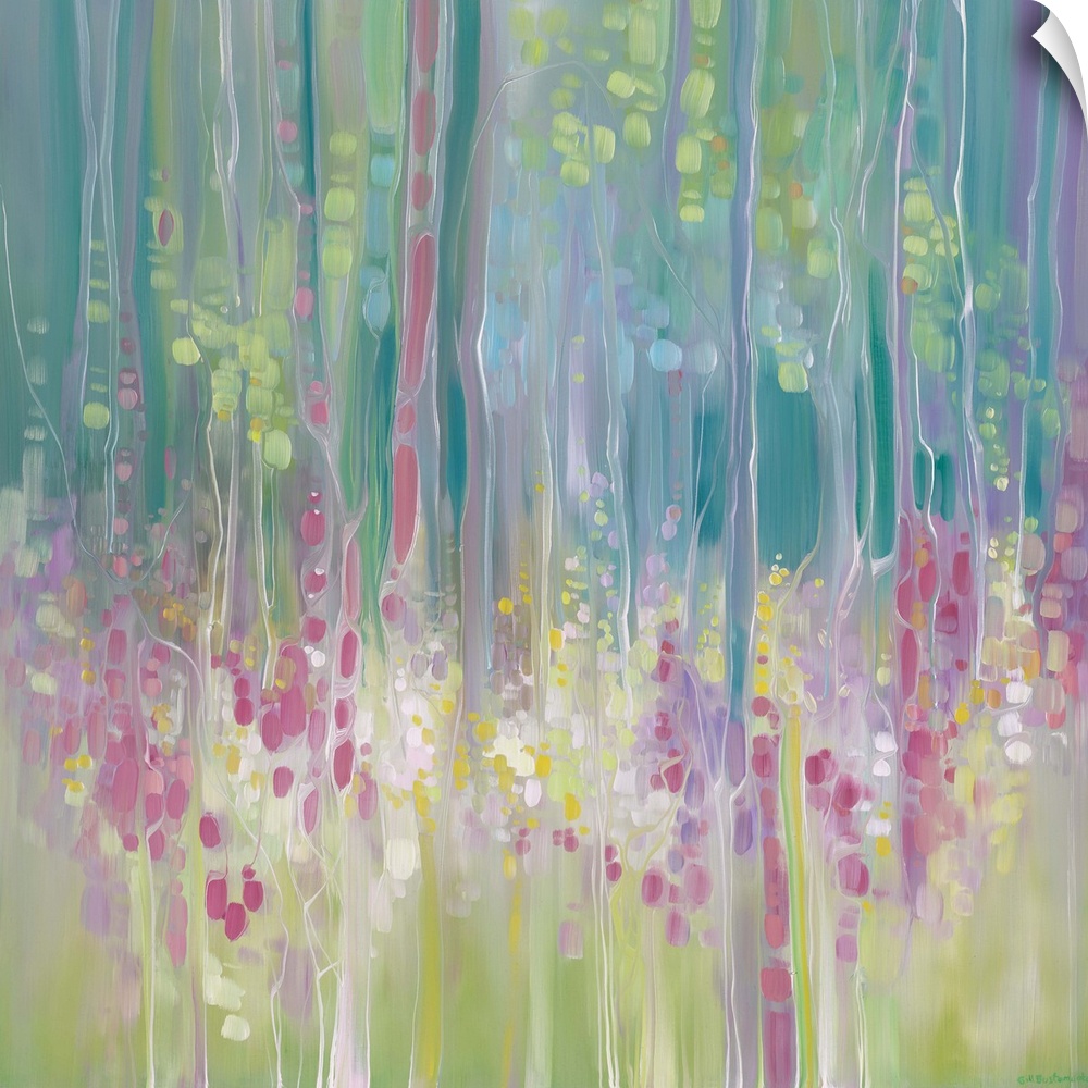 Watercolor painting of an ethereal field full of flowers next to a forest.