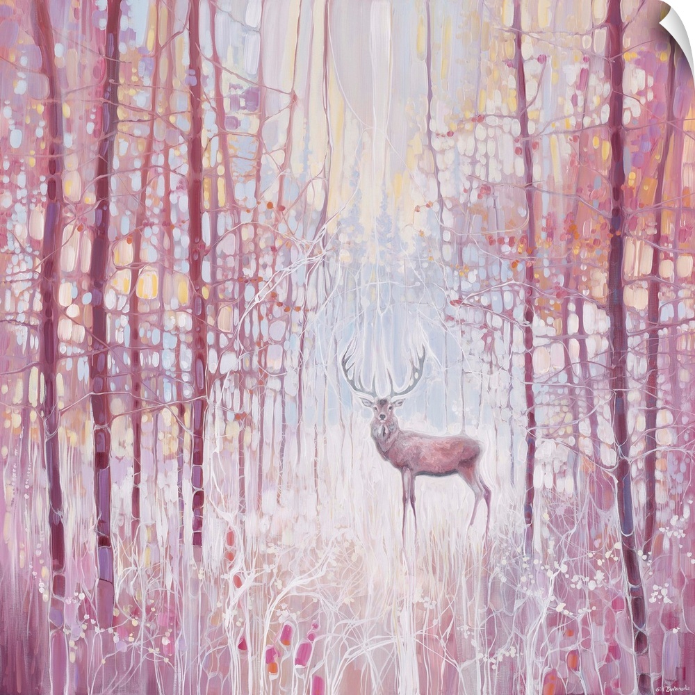 Watercolor painting of a deer, deep within a colorful, dream-like forest.