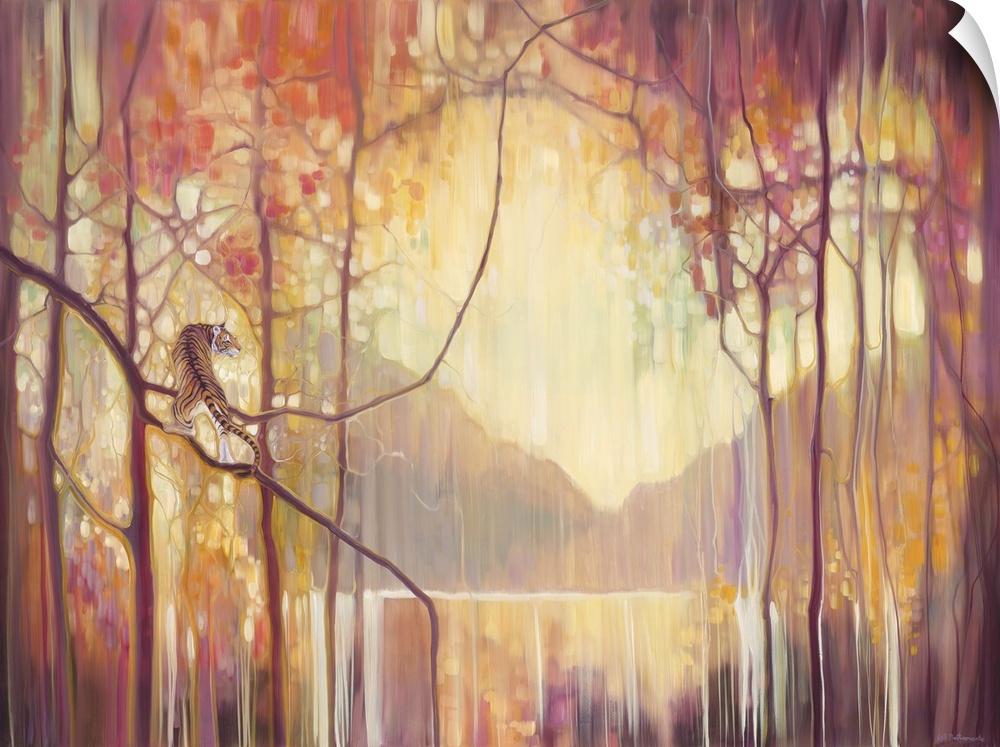 Watercolor painting of a dream-like forest framing a mountain scene.