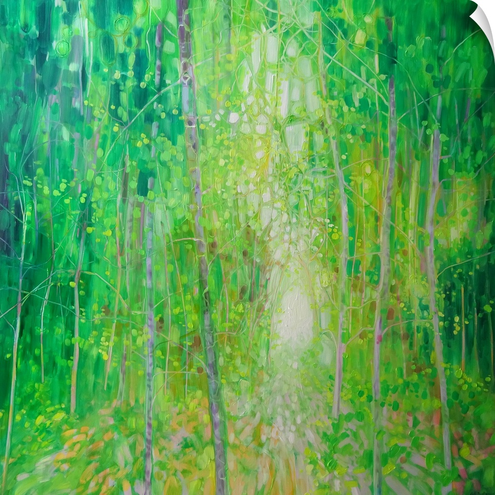 Watercolor painting of a dream-like forest in varies shades of green.