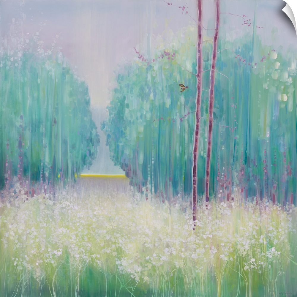 Watercolor painting of a dream-like meadow in a forest in varies shades of green.
