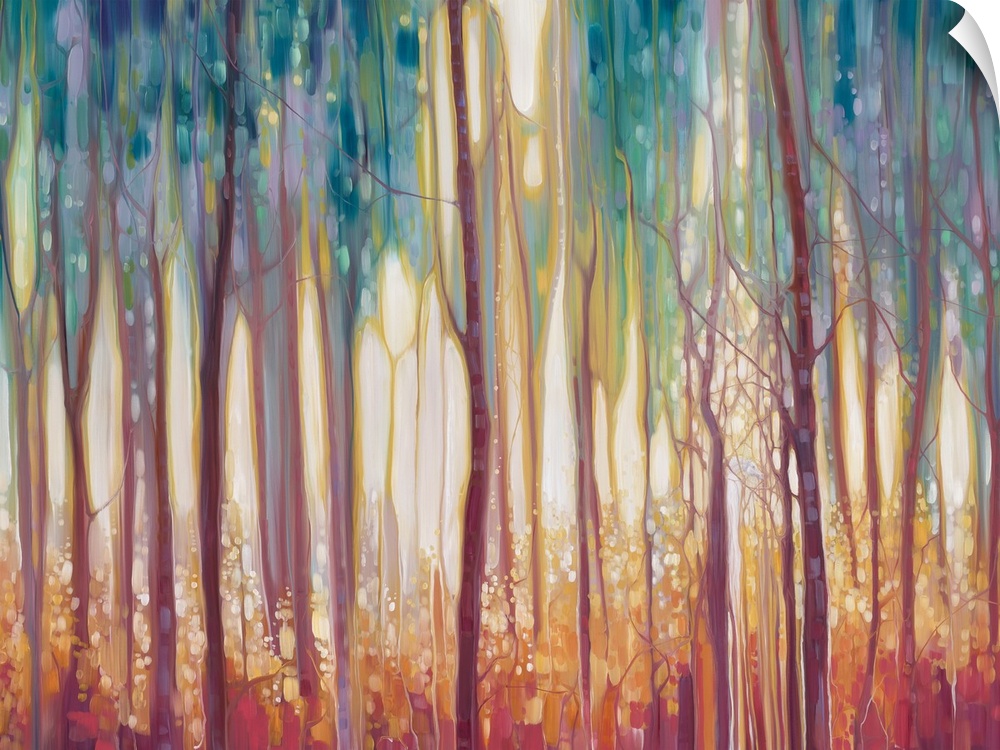Watercolor painting of a dream-like forest in varies shades of colors.