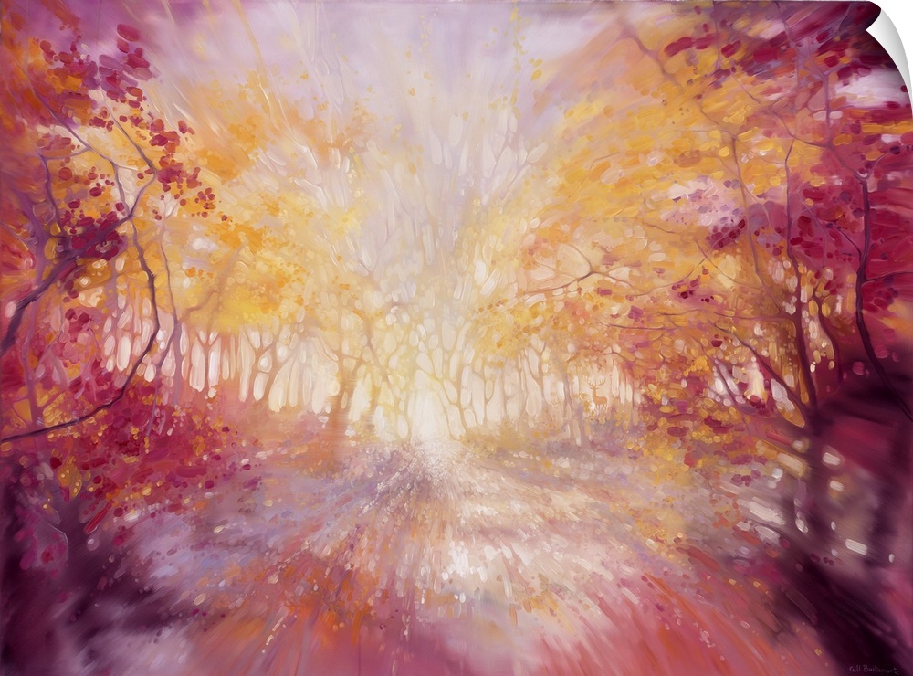 Watercolor painting of a dream-like forest in varies warm shades.