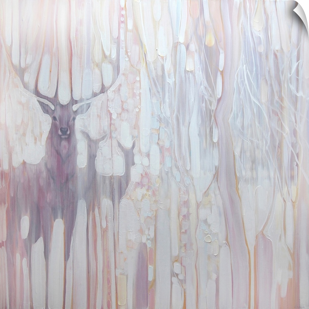 Watercolor painting of deer, deep within a muted, dream-like forest.