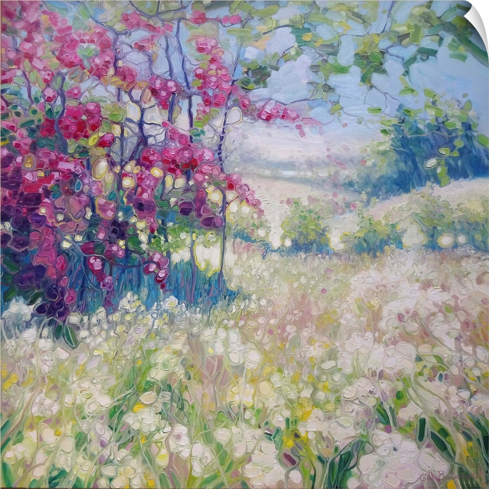 A square painting of a spring time scene in a meadow with blooming flowers of pink and white.