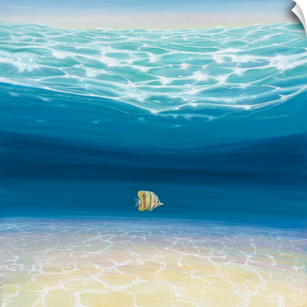 Painting of a single fish, deep within a blue sea.