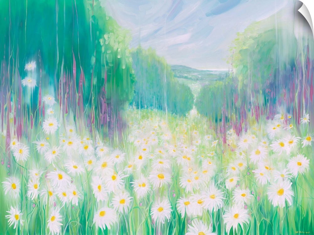 Watercolor painting of a dream-like meadow full of white daises.