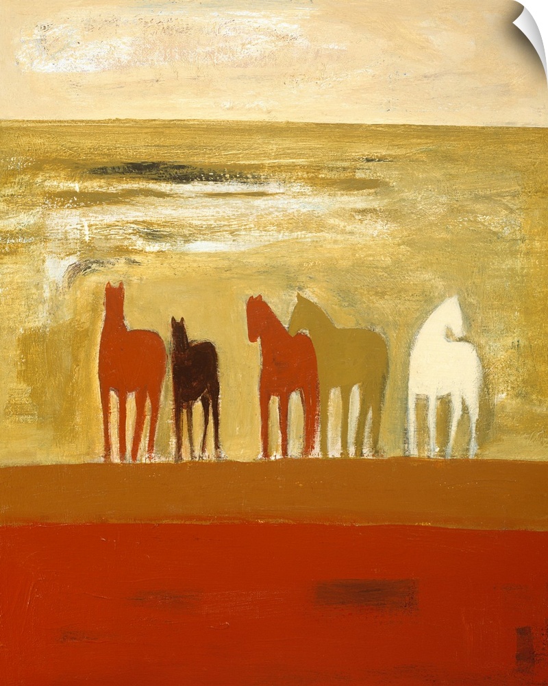 Portrait painting on a large wall hanging of five silhouetted horses in various colors, standing together as they are surr...