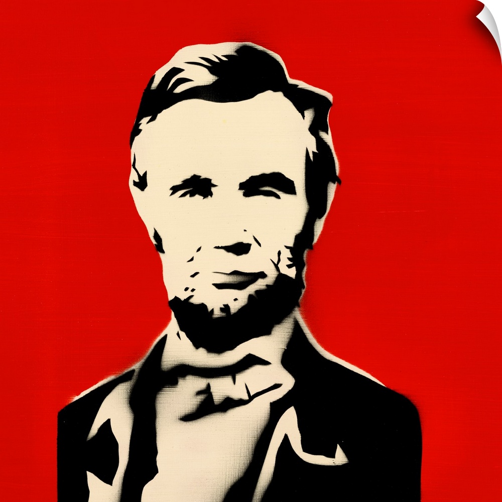 Square spray art of Abraham Lincoln on a bright red background.