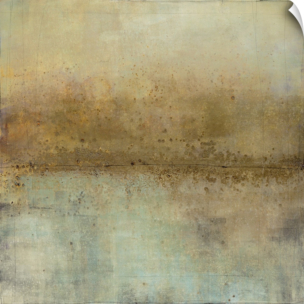 Square abstract painting with a brown paint splattered horizon line and shades of blue, orange, and beige in the background.