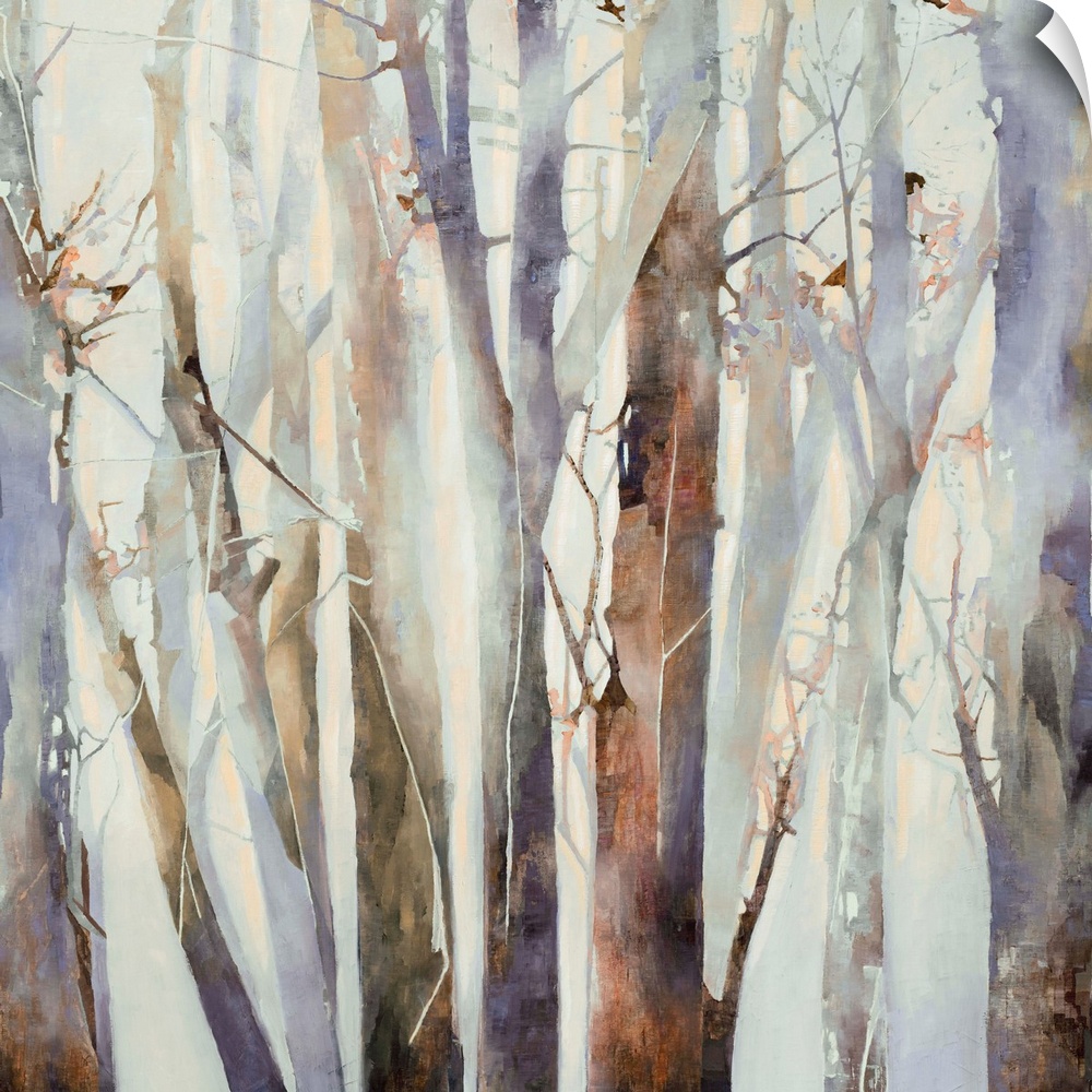 Square abstract painting of cool toned tree trunks in shades of brown, purple, and grey.