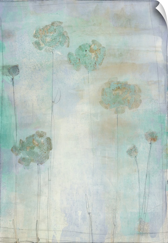 Contemporary abstract painting of long stemmed flowers in shaded of green, grey, silver, and purple.
