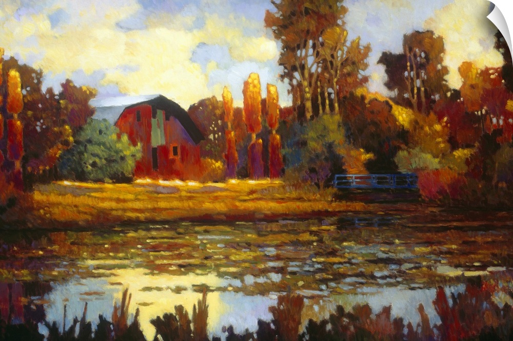 Painting on canvas of an old barn with fall foliage around it by a lake.