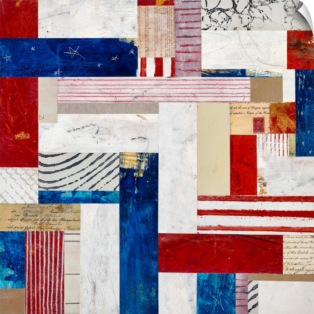 Square folk art created with mixed media to resemble a red white and blue quilt pattern.