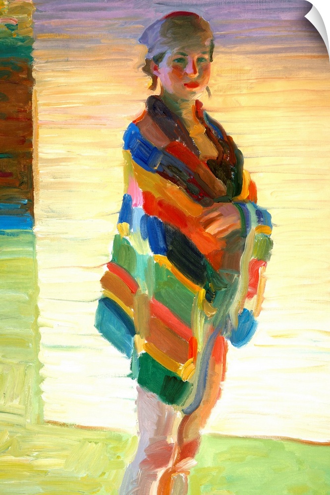A contemporary painting of a portrait of a woman standing a with a beach towel wrapped around her.
