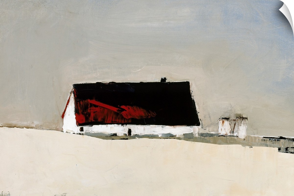 Contemporary painting of a red roof barn sitting on a white field with two silos in the background.