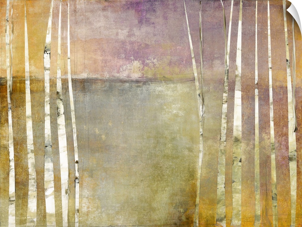 Contemporary abstract painting of long, vertical birch trees with a purple, orange, and grey background.