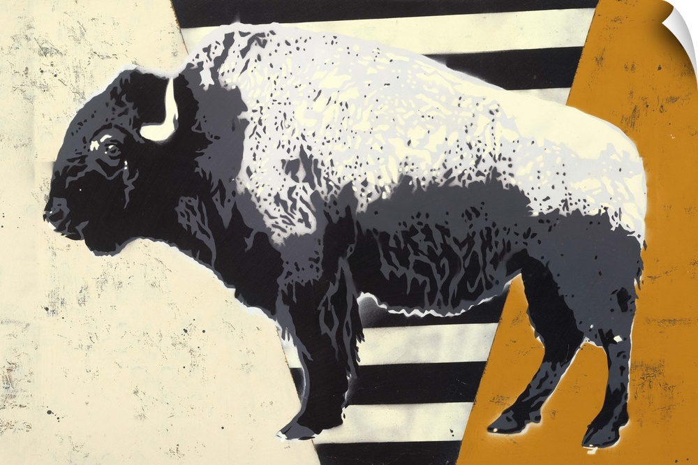 Contemporary digital illustration of a bison on a black, white, and orange background.