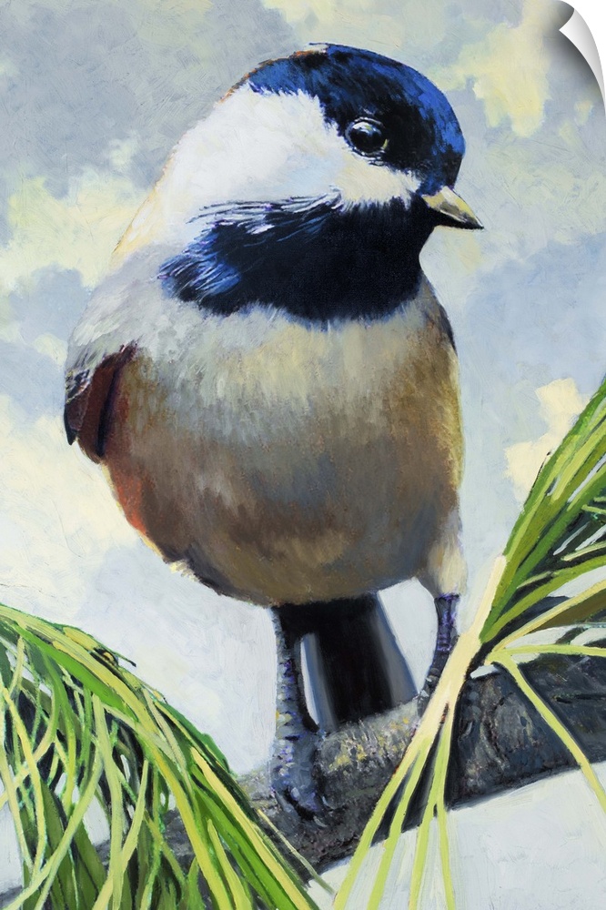 A contemporary painting of a garden bird perched on a branch.