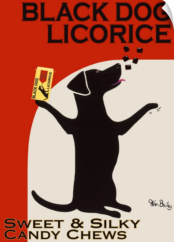 A retro piece of artwork that shows a dog throwing black licorice in the air and about to catch it with his tongue.