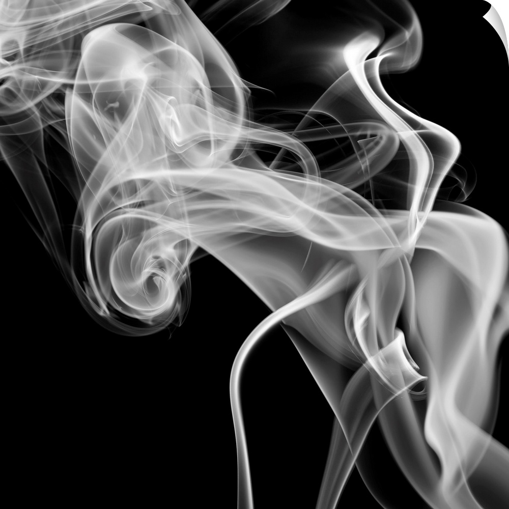 Square, oversized, big canvas art of a large cloud of smoke swirling on a solid black background.