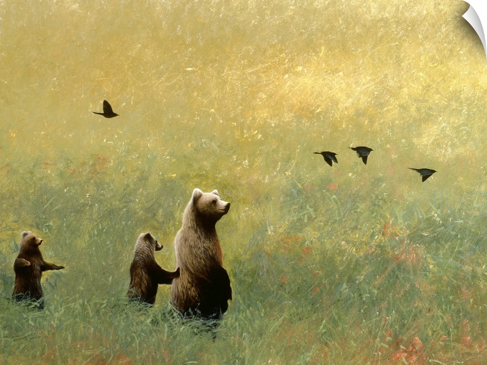 Contemporary painting of three brown bears in a grassy field with black birds flying above.