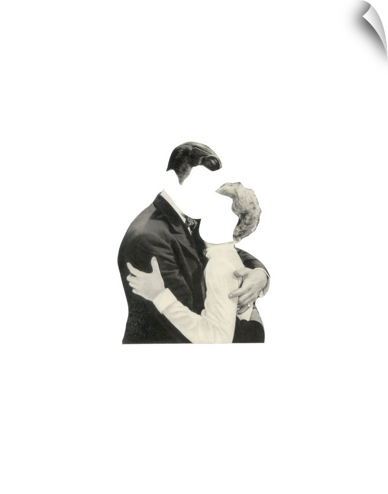 Conceptual abstract art of a faceless man and woman embracing on a solid white background.