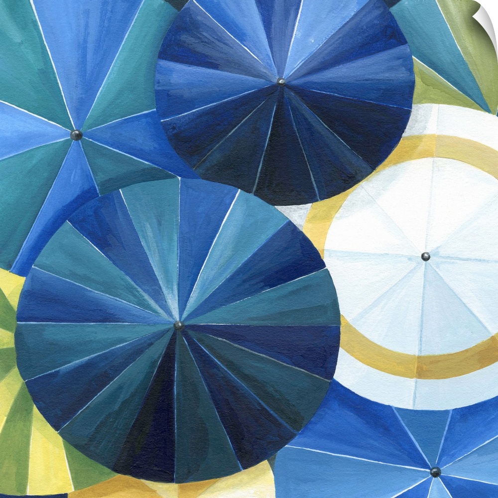 Contemporary painting of a view of colorful umbrellas seen from above.