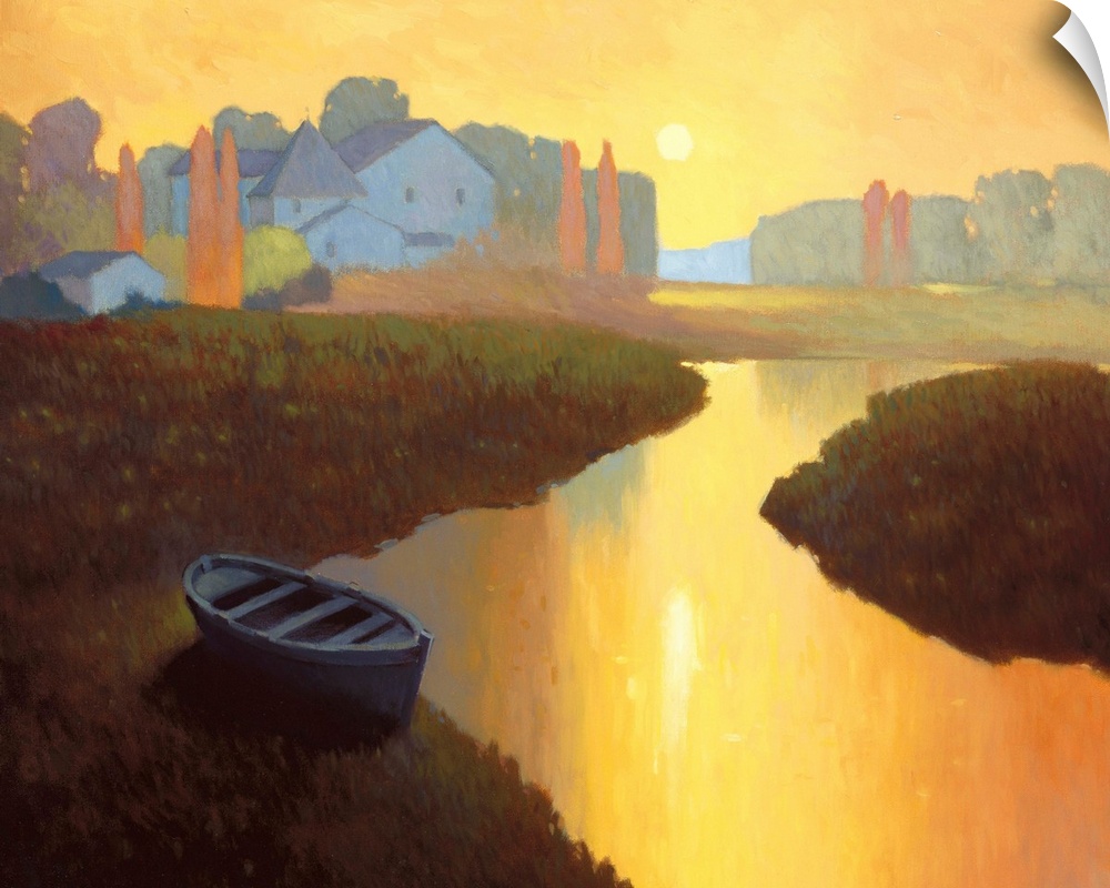 Contemporary painting of a boat on the shore of a river in orange dawn light.