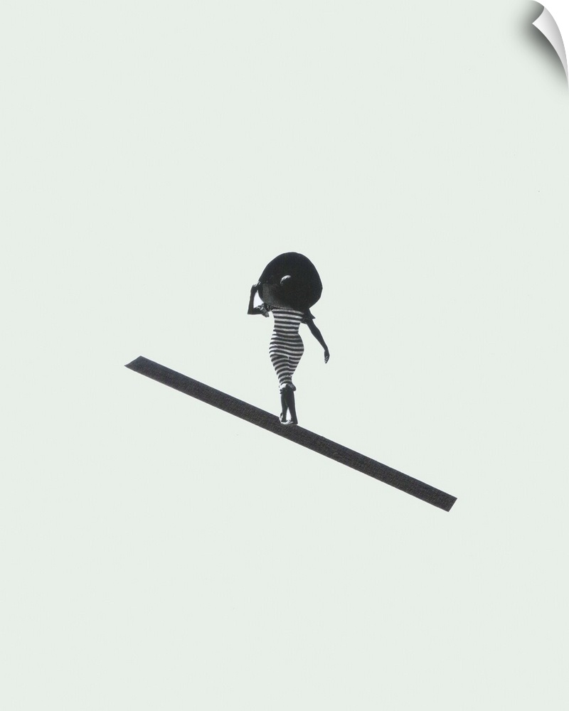 Conceptual abstract art of a woman wearing a large sun hat walking down a diagonal line.